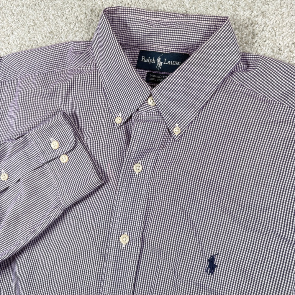 Ralph Lauren Button Down Shirt Men 16 34/35 Purple Gingham Yarmouth Cotton